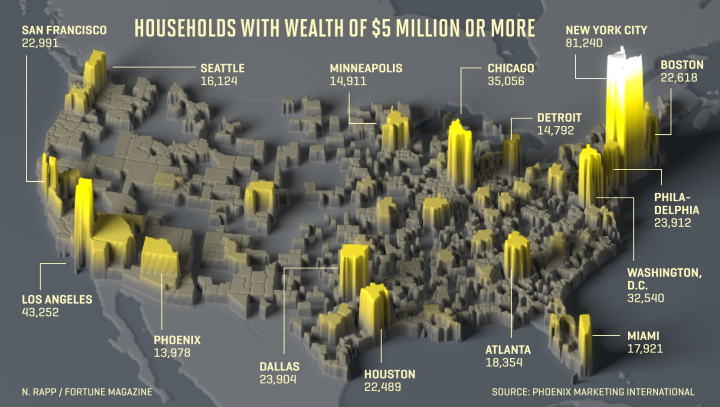 Map shows the number of $5M plus households in the U.S.