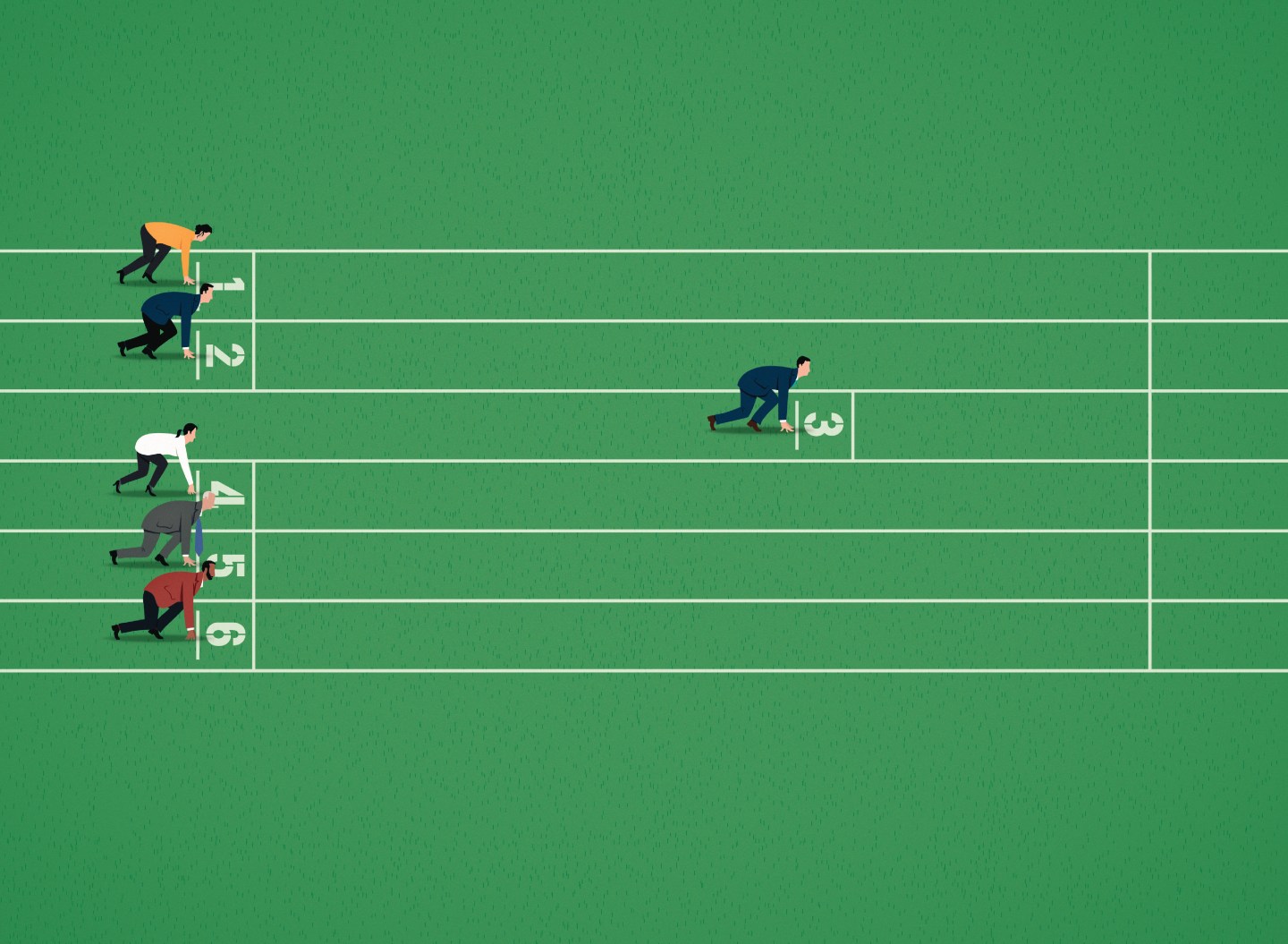 Businessman with unfair advantage at starting line on race track