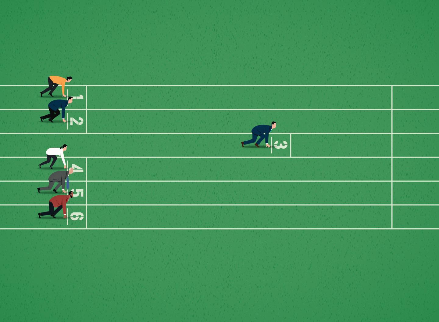 Businessman with unfair advantage at starting line on race track