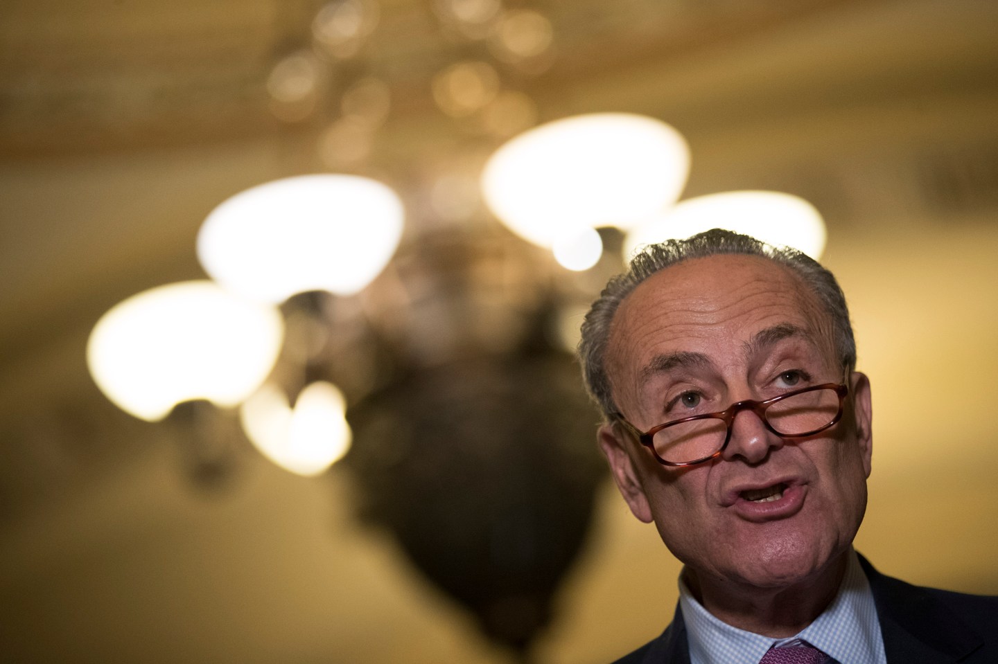 Senate Minority Leader Chuck Schumer (D-NY) speaks at a press conference following a closed-door Senate Democrat conference meeting on Capitol Hill, June 27, 2017 in Washington, DC.