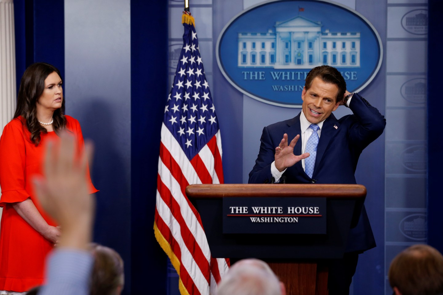 FILE PHOTO: New White House Communications Director Anthony Scaramucci speaks at the daily briefing with Sanders at the White House in Washington