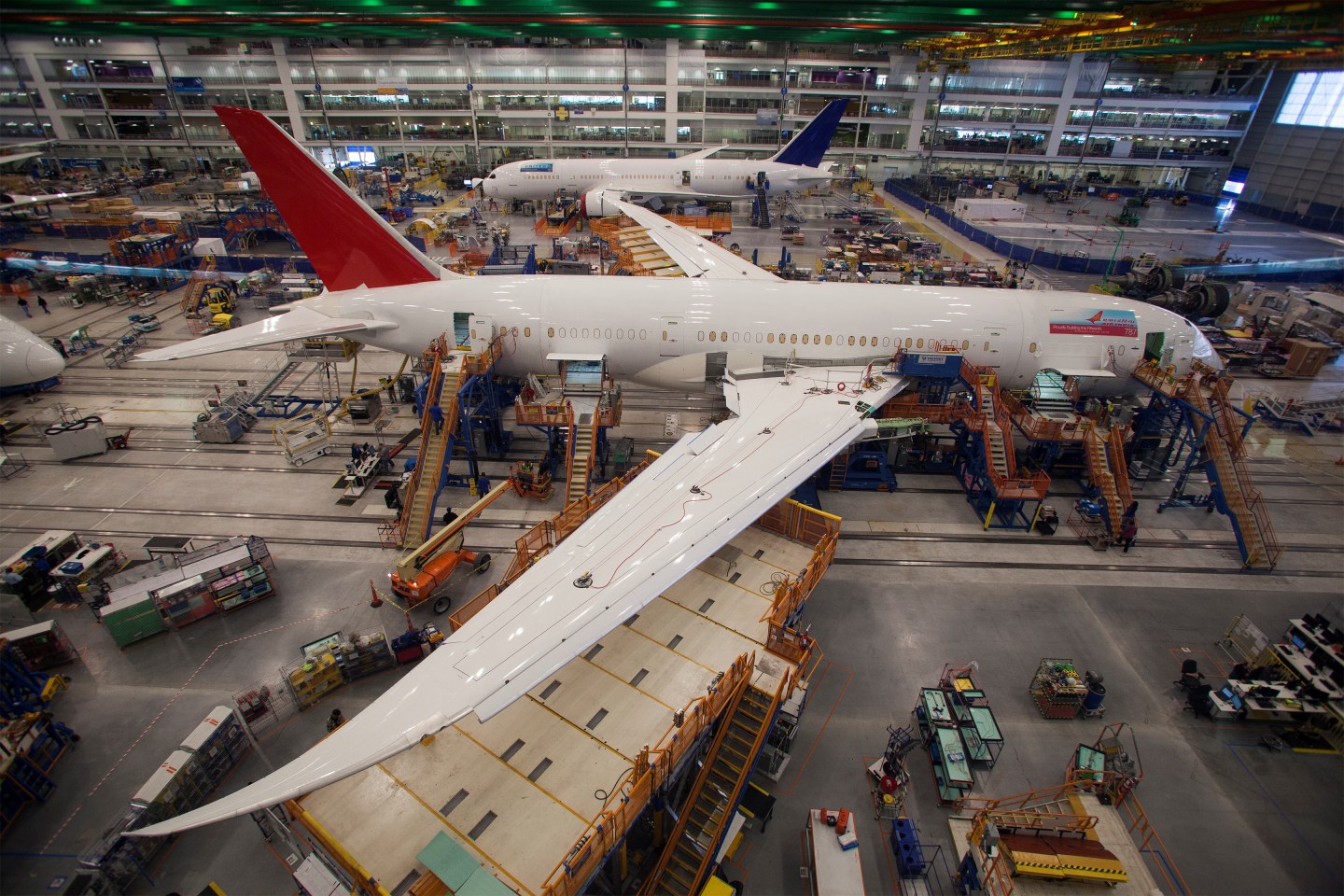 Workers at South Carolina Boeing work on a 787 Dreamliner for Air India at the plant's final assembly building in North Charleston