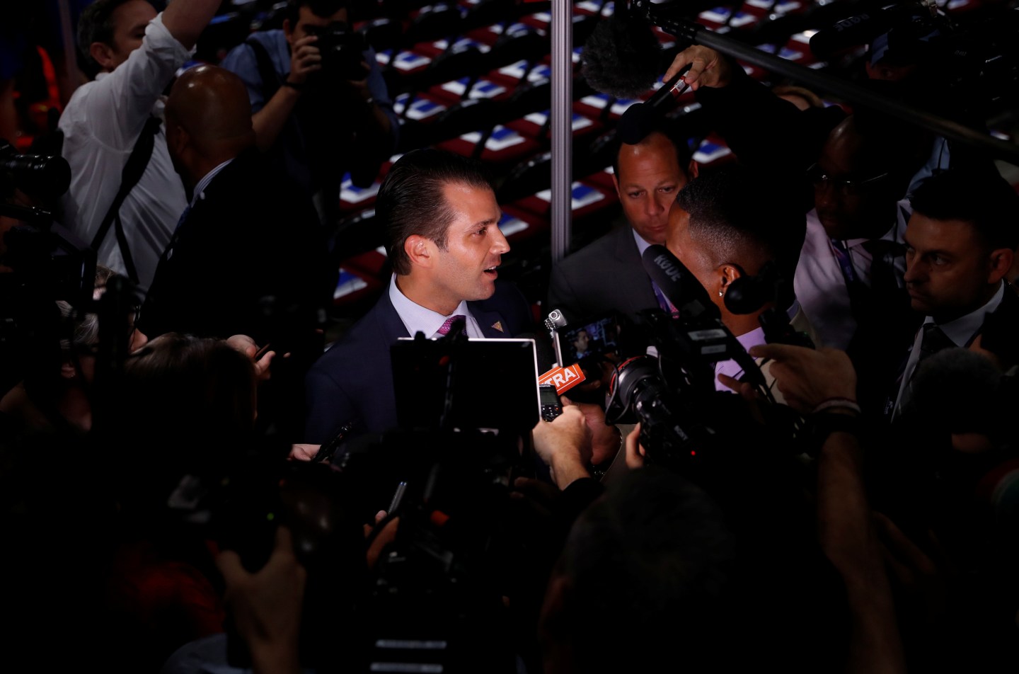 Donald Trump Jr. gives a television interview at the 2016 Republican National Convention in Cleveland