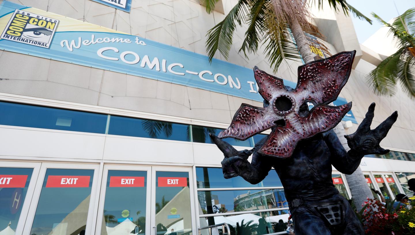 Schoelen poses dressed like the character of Demogorgon from "Stranger Things" during the 2017 Comic-Con International Convention in San Diego
