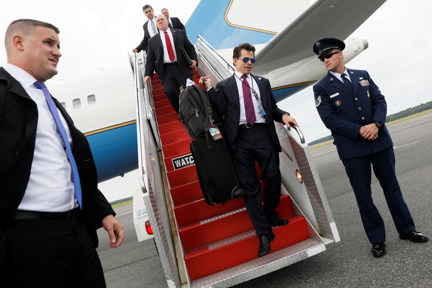 Scaramucci arrives with Trump aboard Air Force One at Long Island MacArthur Airport in Ronkonkoma, New York