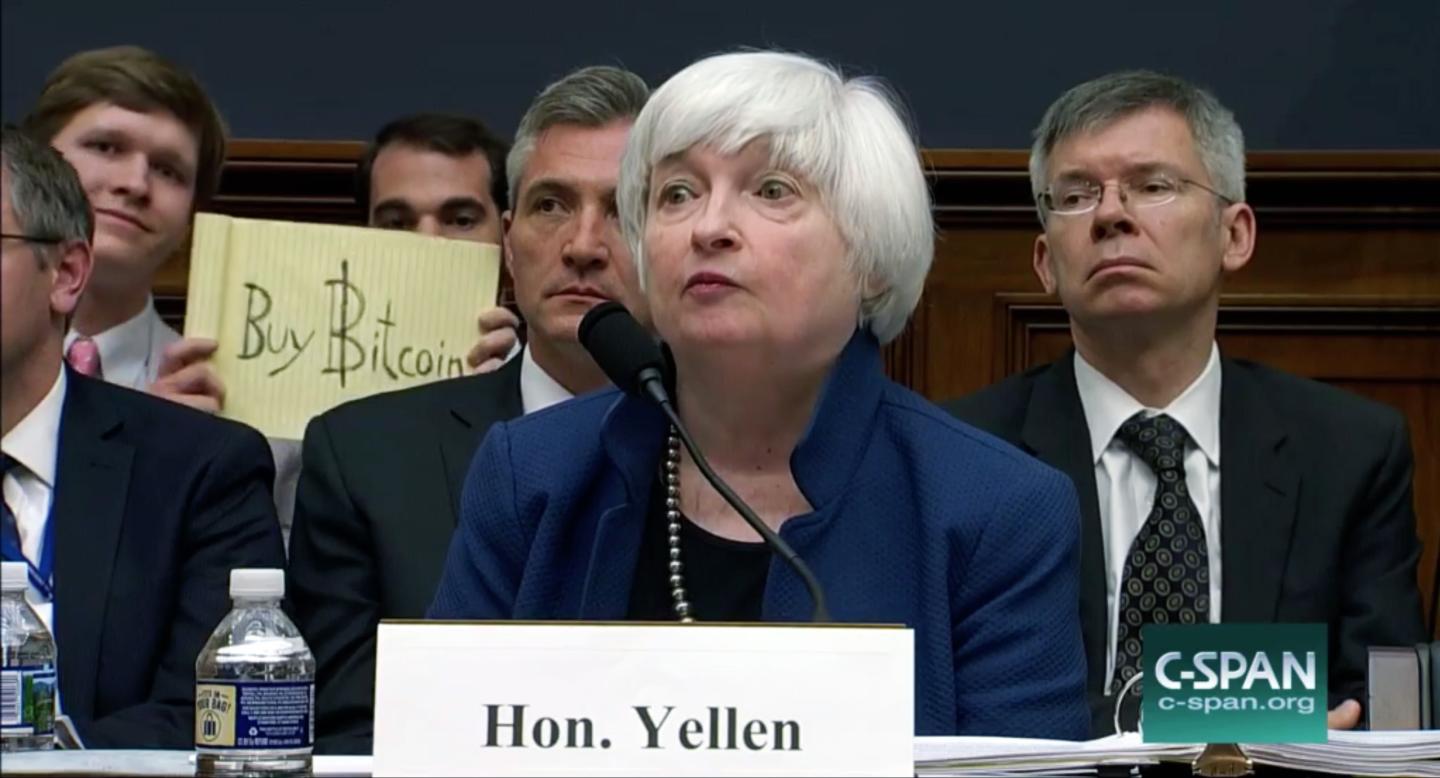Bitcoin Photobombers Crashed Janet Yellen’s Fed Testimony—and Got Paid $10,000