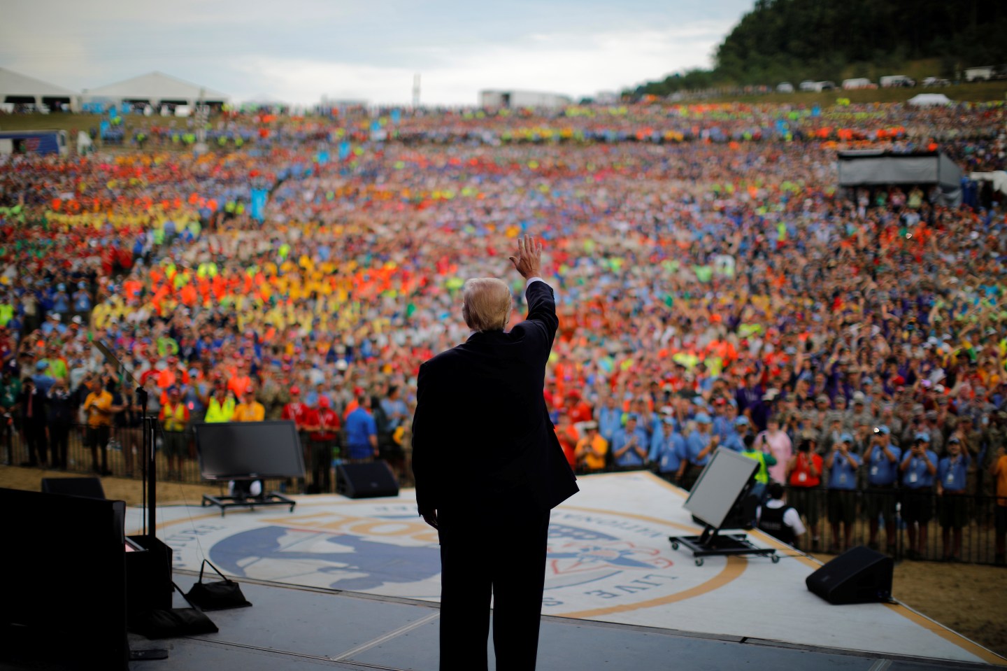 U.S. President Donald Trump waves after delivering remarks at the 2017 National Scout Jamboree in Summit Bechtel National Scout Reserve, West Virginia, U.S.