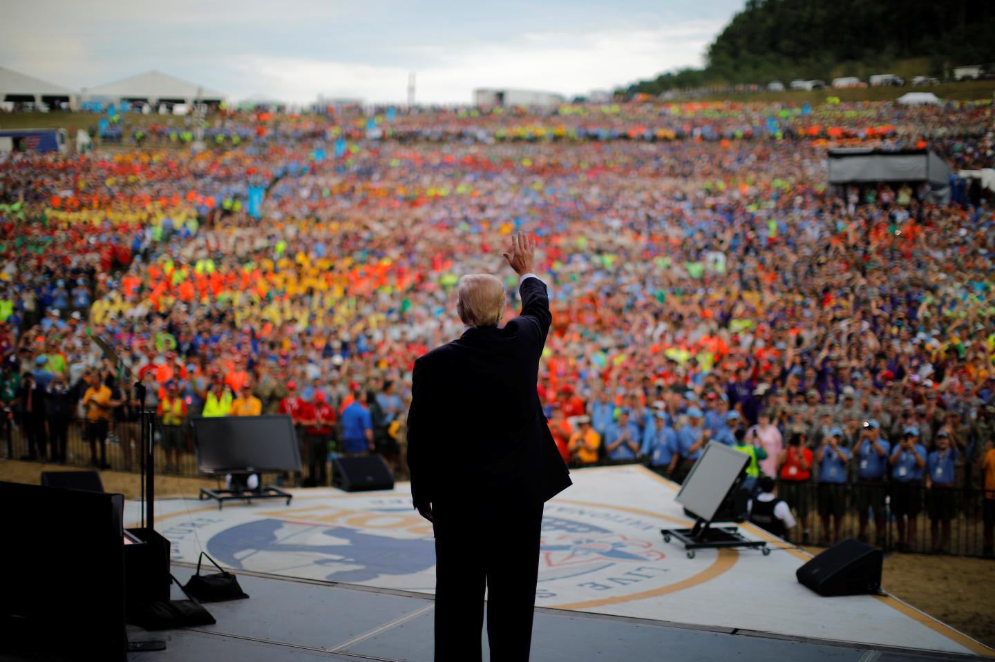 U.S. President Donald Trump waves after delivering remarks at the 2017 National Scout Jamboree in Summit Bechtel National Scout Reserve, West Virginia, U.S.