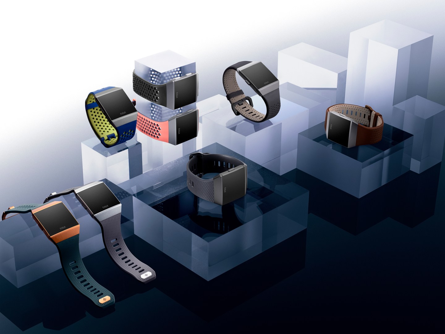Still photography of Ionic family featuring all colors of in-box, sport, and leather bands.