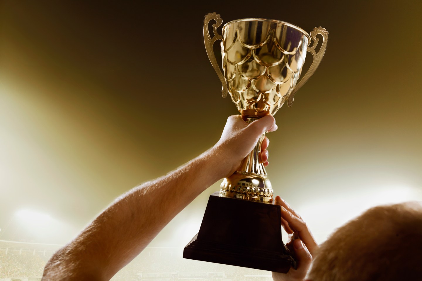 Athlete holding trophy cup above head in stadium