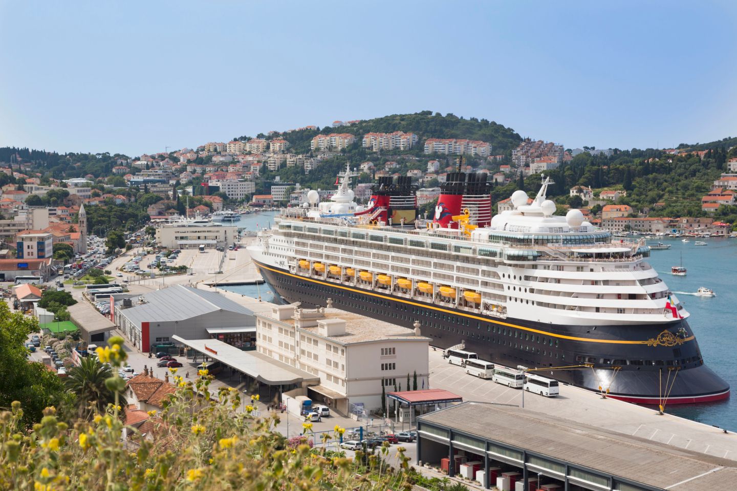 Dubrovnik, Dalmatia, Croatia, The Disney Magic cruise ship docked in the cruise port.