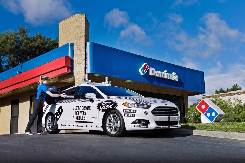 Domino's Pizza and Ford's test vehicle for self-driving deliveries.