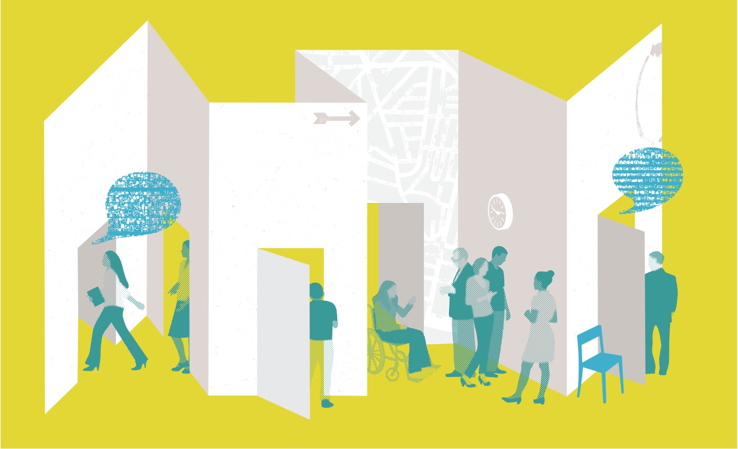 People with speech bubbles walking through doorways in brochure