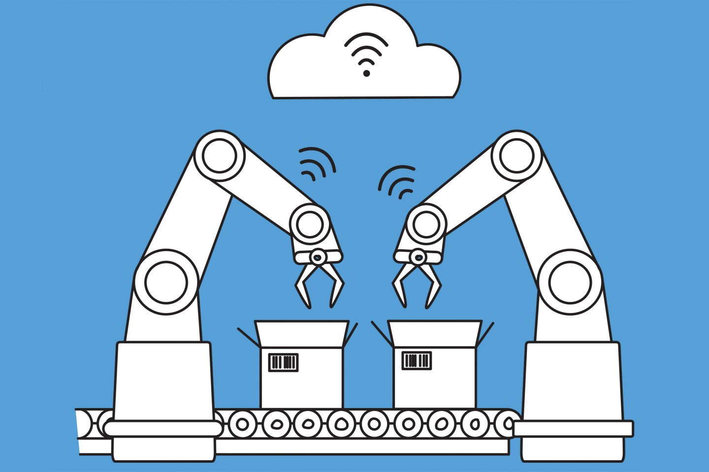 Industry 4.0 infographic representing the four industrial revolutions in manufacturing and engineering. Unfilled line art