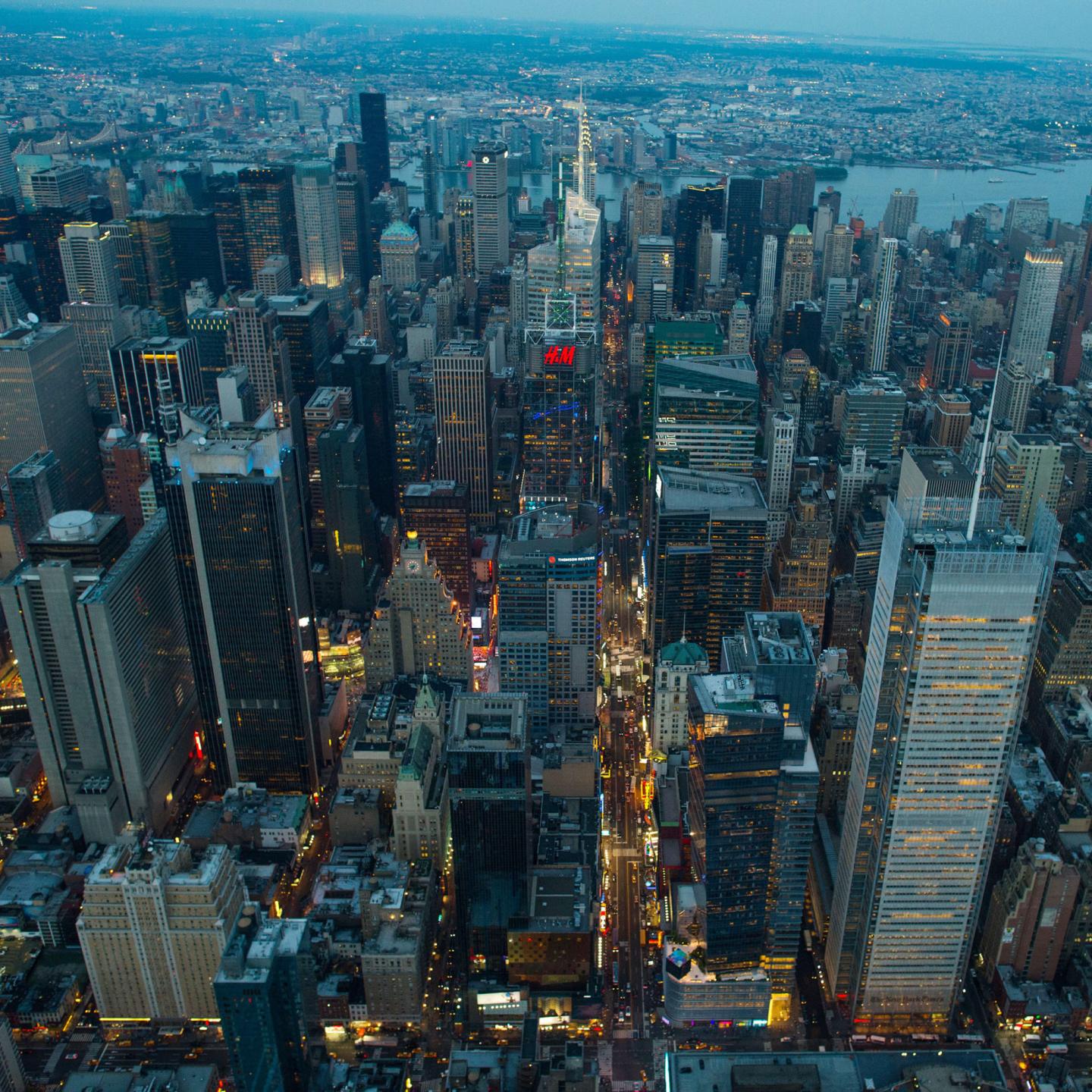 Aerial Views Of Manhattan At Dusk As U.S. Stocks Fall With Treasuries Amidst Euro Stalls On Greece Talks