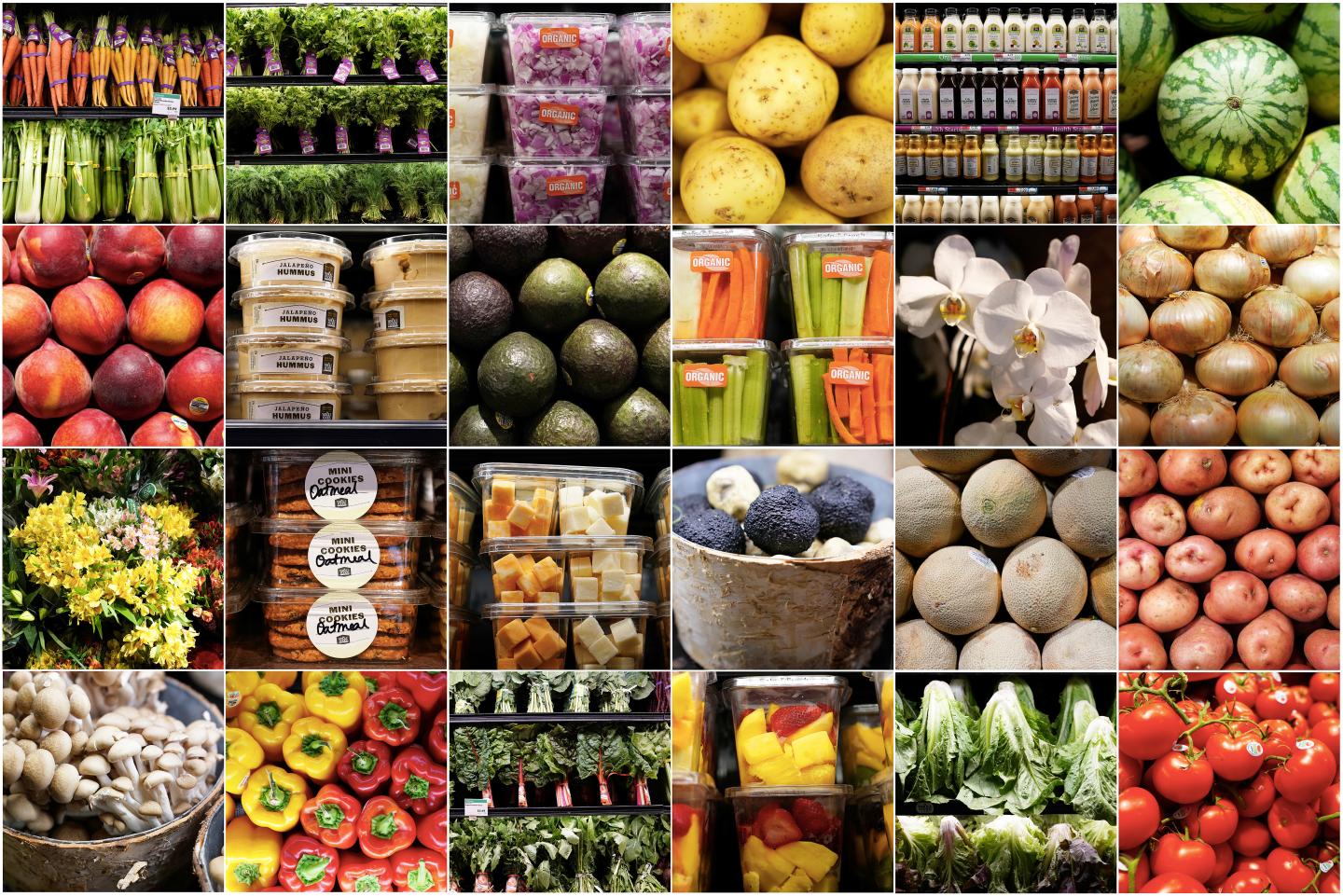 A combination photo shows food and plants for sale inside a Whole Foods Market in the Manhattan borough of New York City