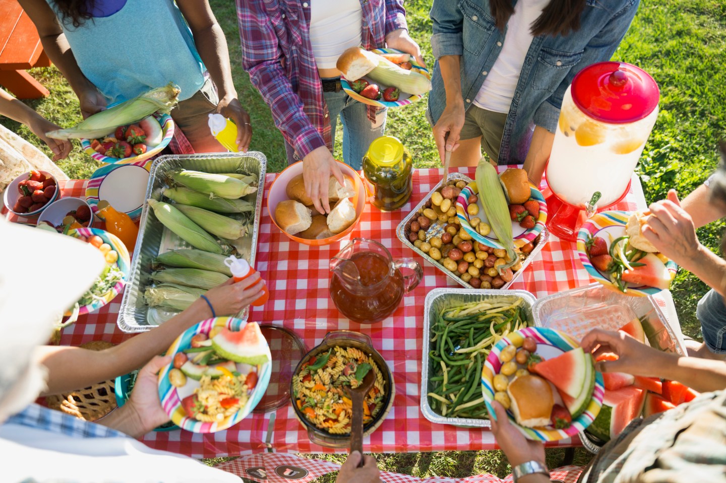 Overhead smiling neighbors around potluck table sunny park