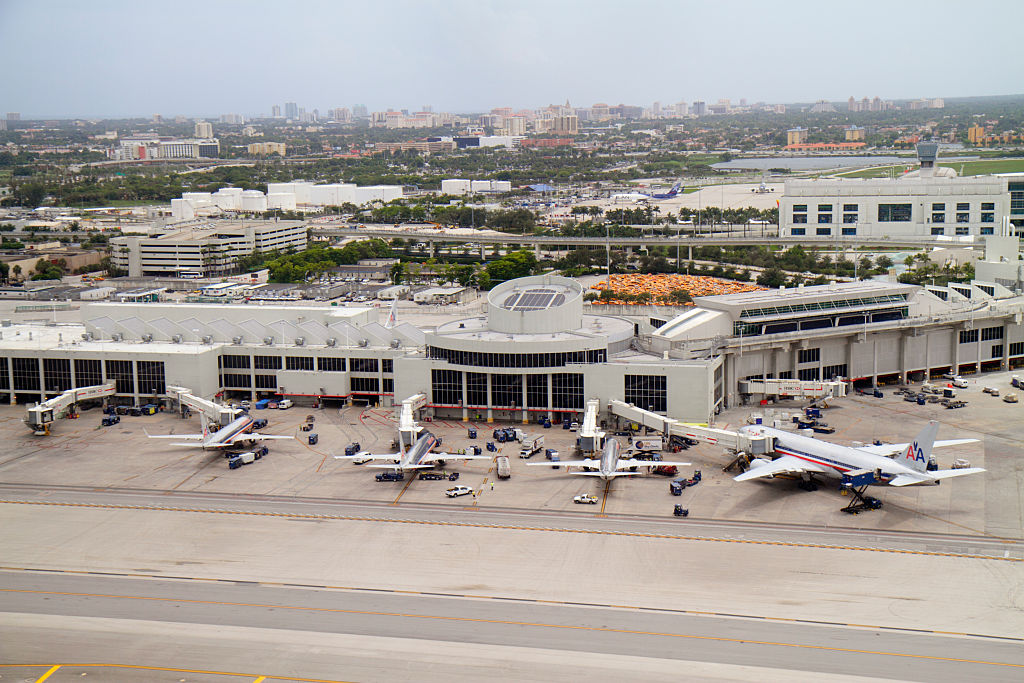 An aerial view of the jets on the tarmac at Miami International Airport.