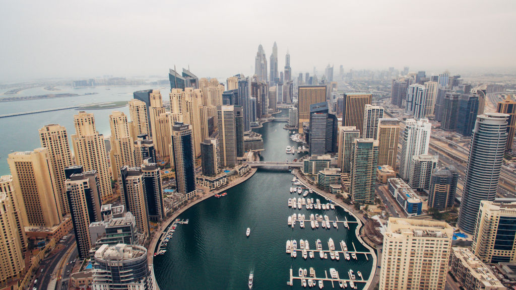 The Dubai Marina is seen from above