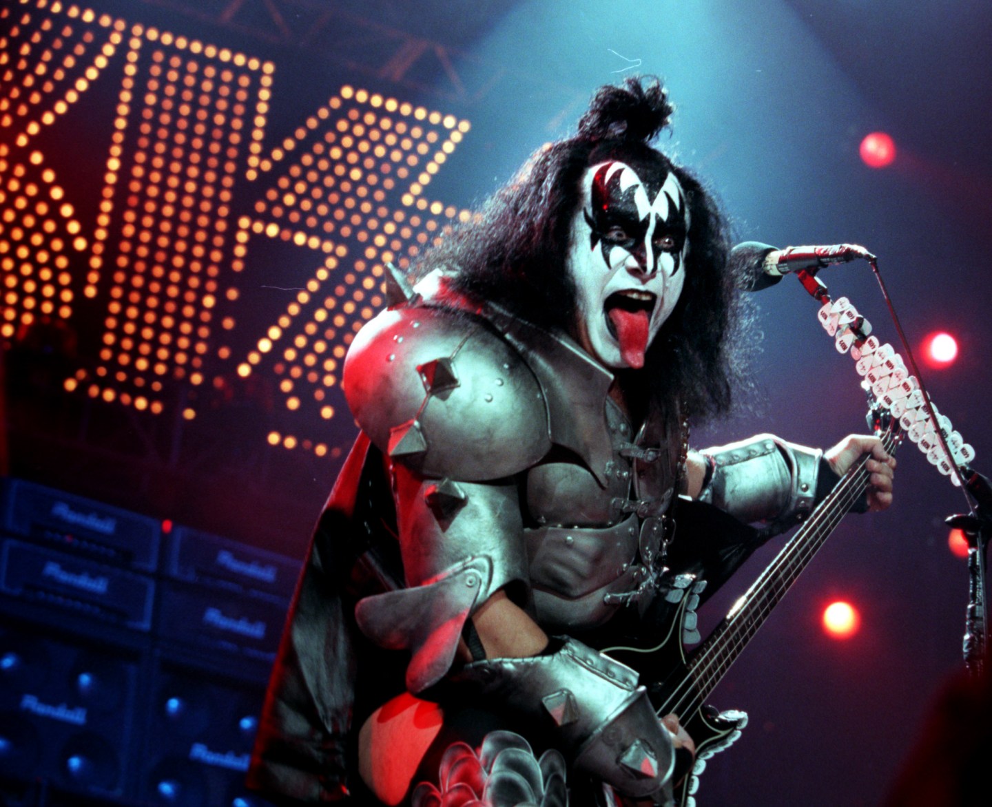 Gene Simmons, member of the rock group KiSS, strikes his traditional pose. as the band performed at