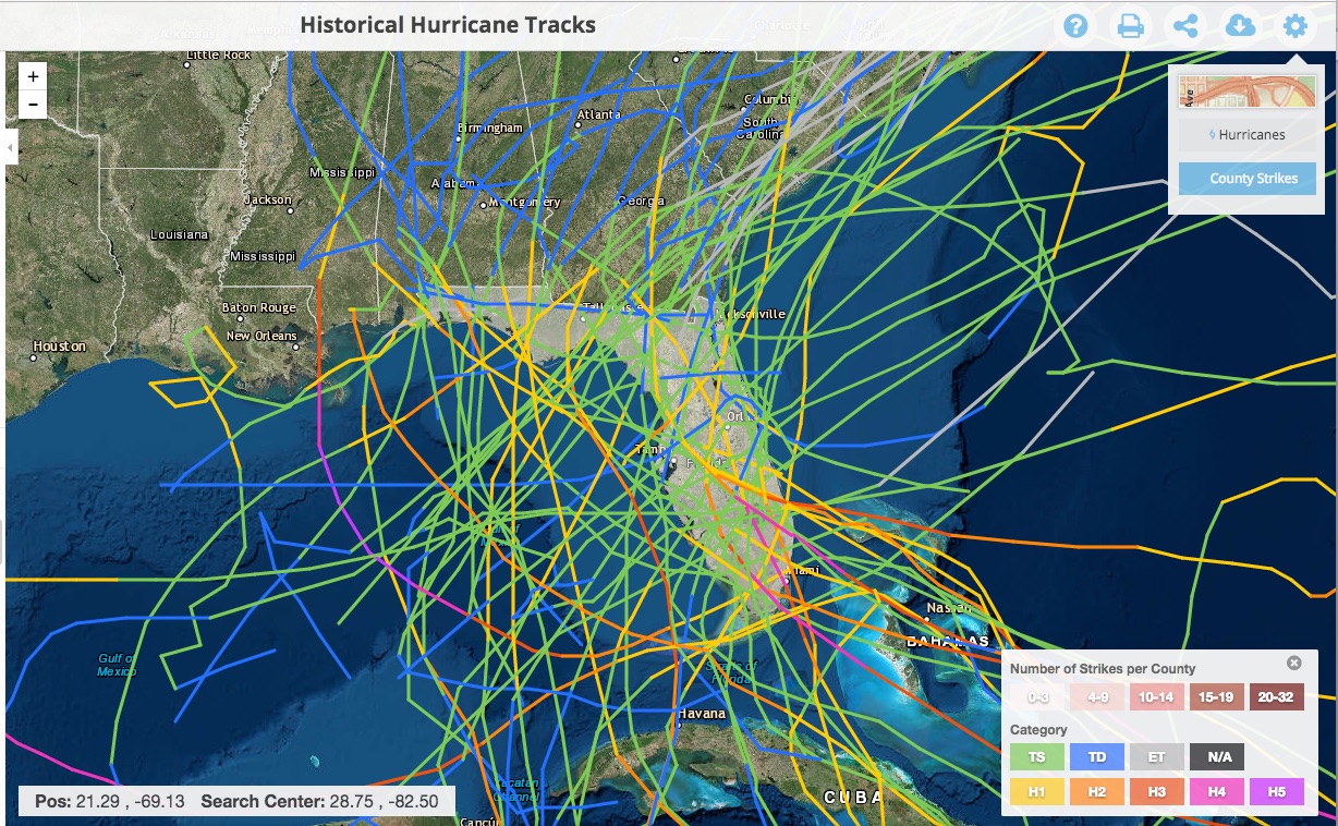 Historical hurricane tracks through the state of Florida since 1878. Includes all cyclones from tropical storms to Category 5 hurricanes.