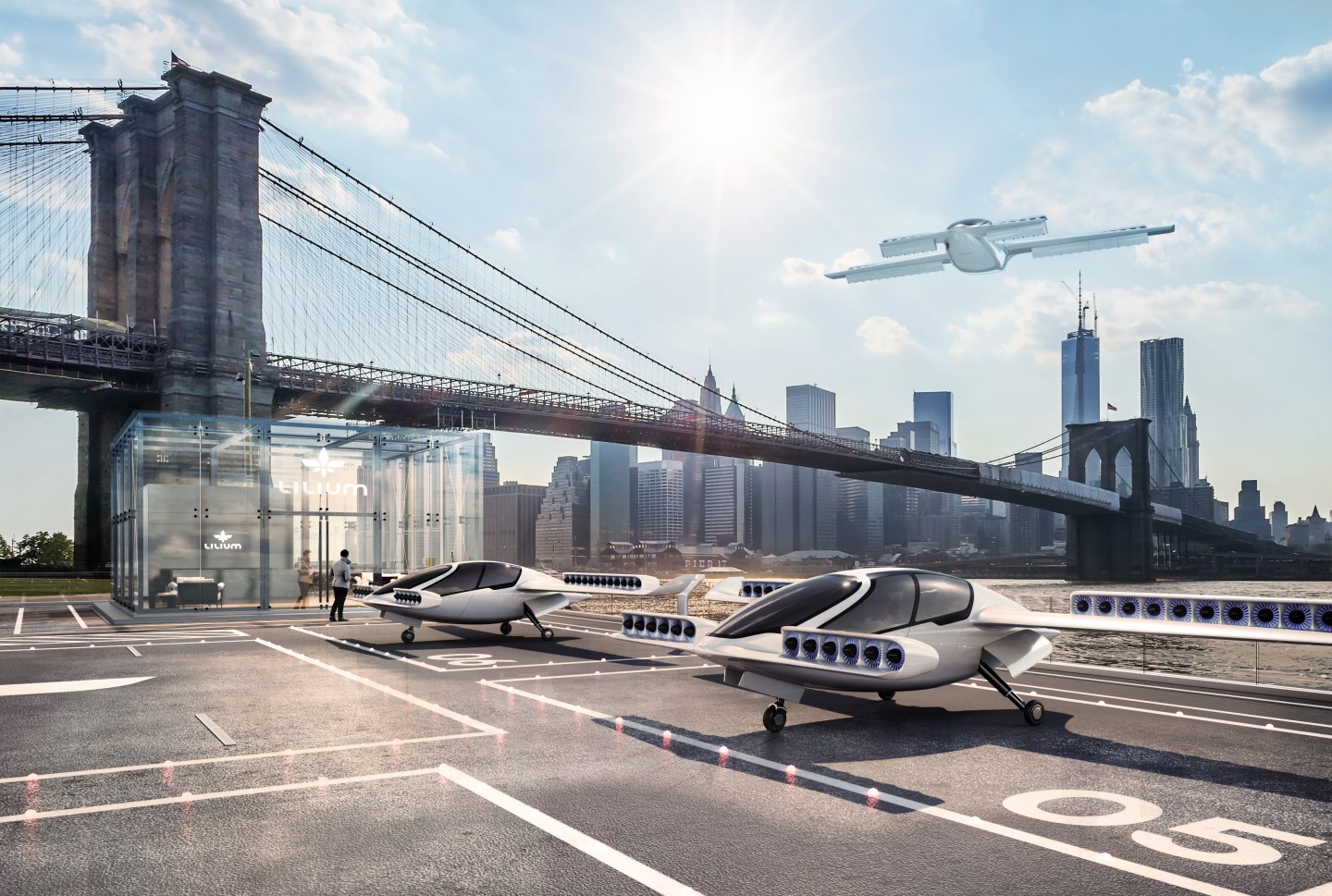 An artist's representation of Lilium's planned electric vertical take-off and landing (eVTOL) vehicles.