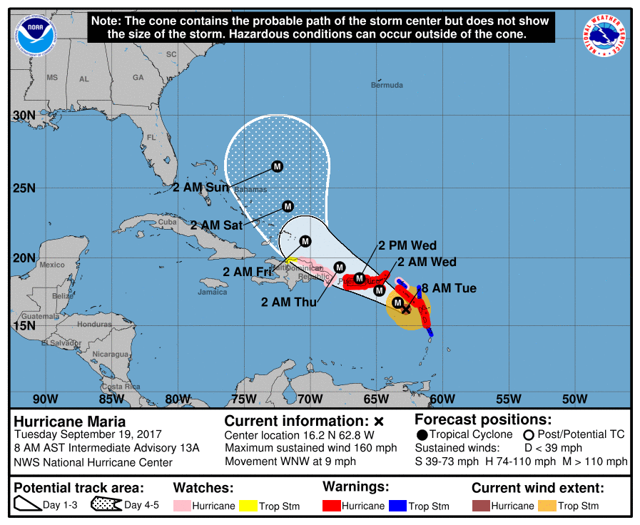 National Hurricane Center projection of Hurricane Maria's path, Sept. 19, 2017