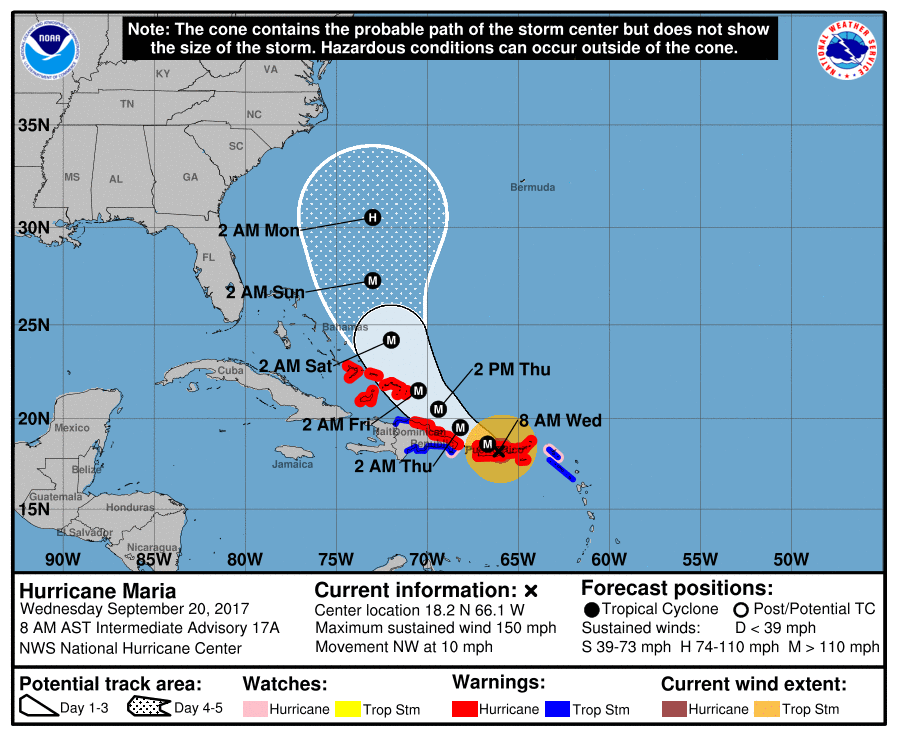 National Hurricane Center projection of Hurricane Maria's path, Sept. 20, 2017