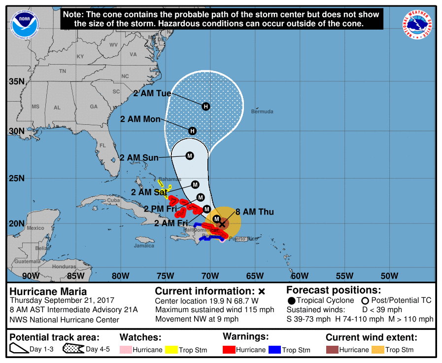 National Hurricane Center projection of Hurricane Maria's path as of Sept. 20, 2017.