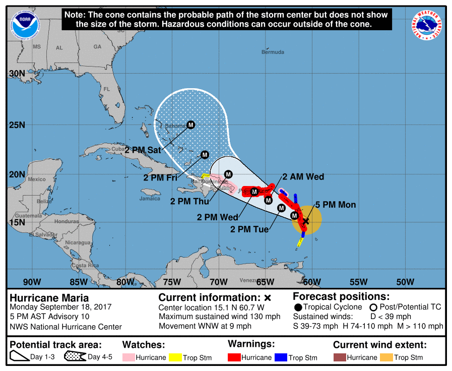 National Hurricane Center projection of Hurricane Maria's path, Sept. 18, 2017