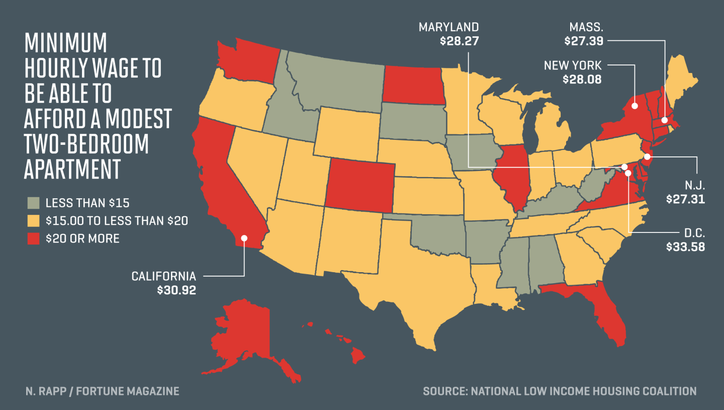 Map shows hourly wage needed for a household to rent a two-bedroom apartment