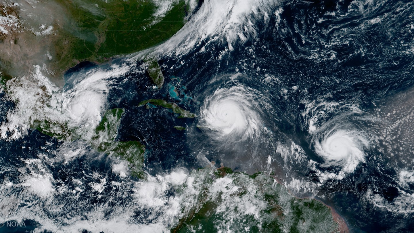 Hurricane Irma, Hurricane Jose and Hurricane Katia are pictured  in the Atlantic Ocean in this  NOAA satellite handout photo