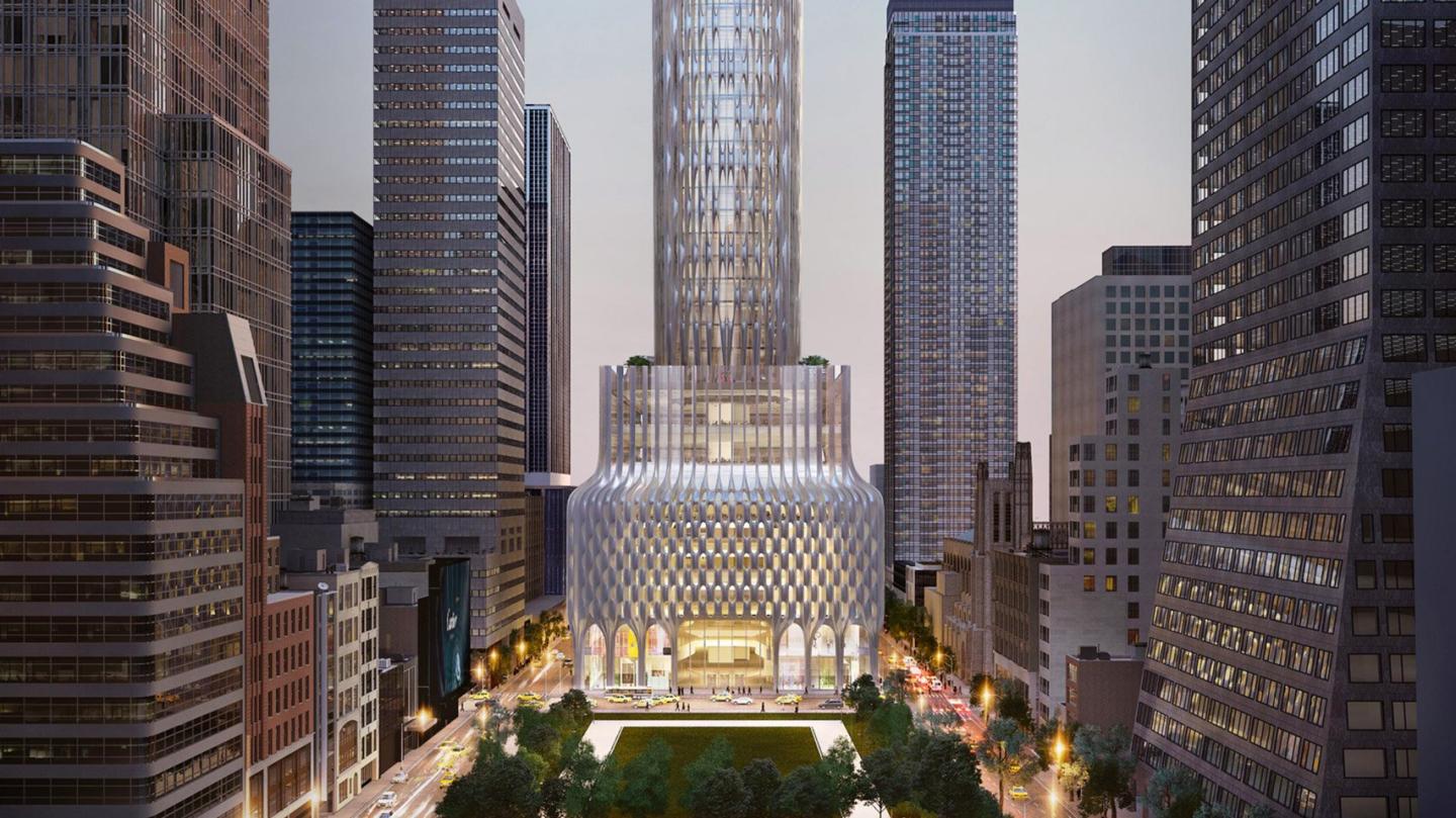 A rendering of the proposed rebuilt 666 Fifth Avenue in New York City.