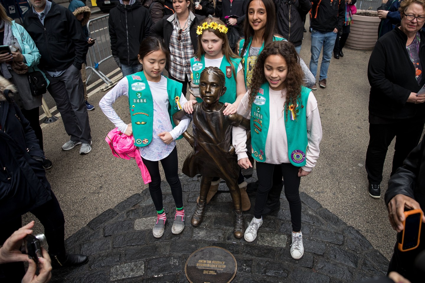NYC Mayor Bill De Blasio Addresses Press At "Fearless Girl" Statue In Manhattan