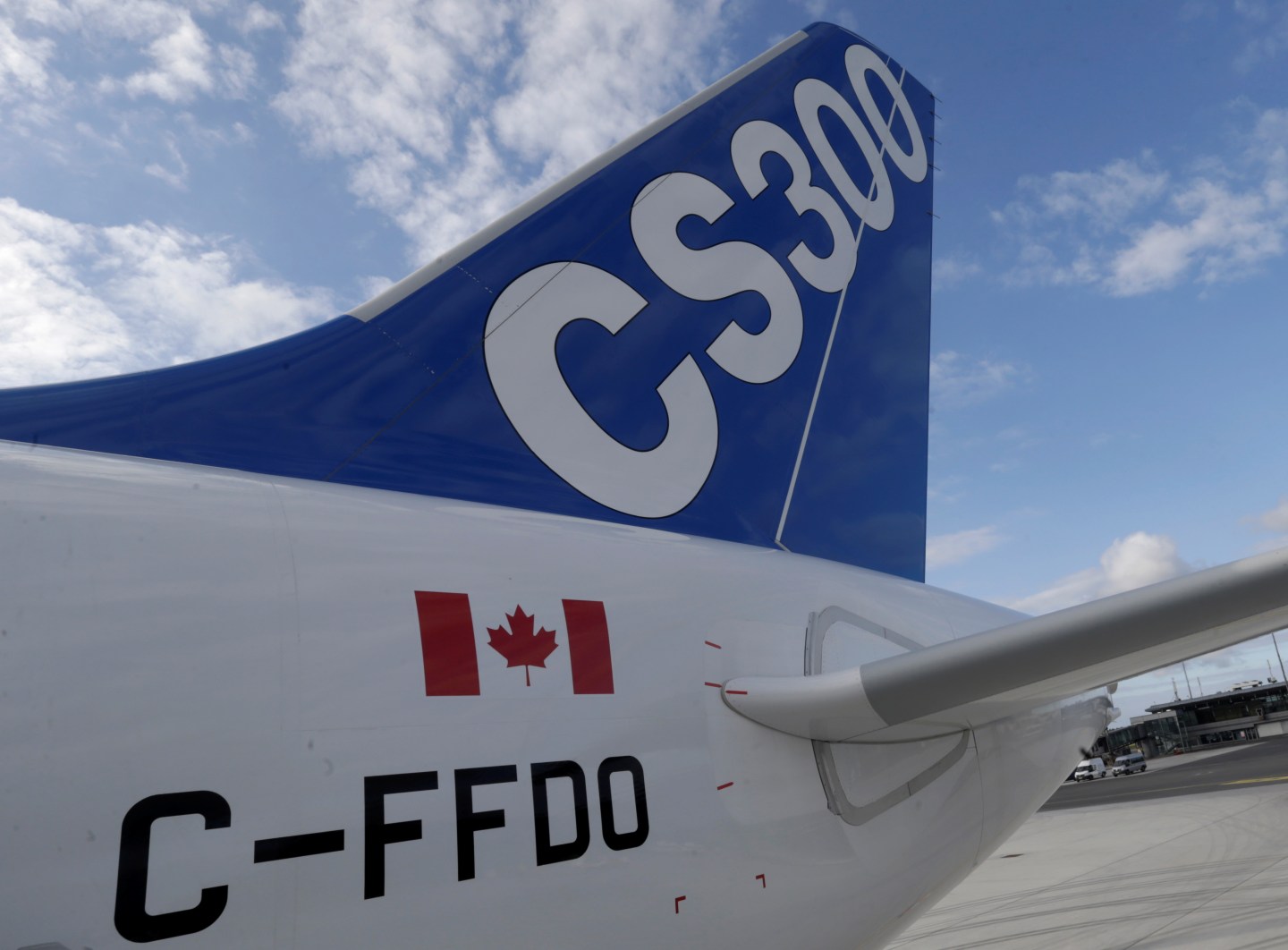 A tail of the Bombardier CS300 test aircraft is pictured at the Riga airport