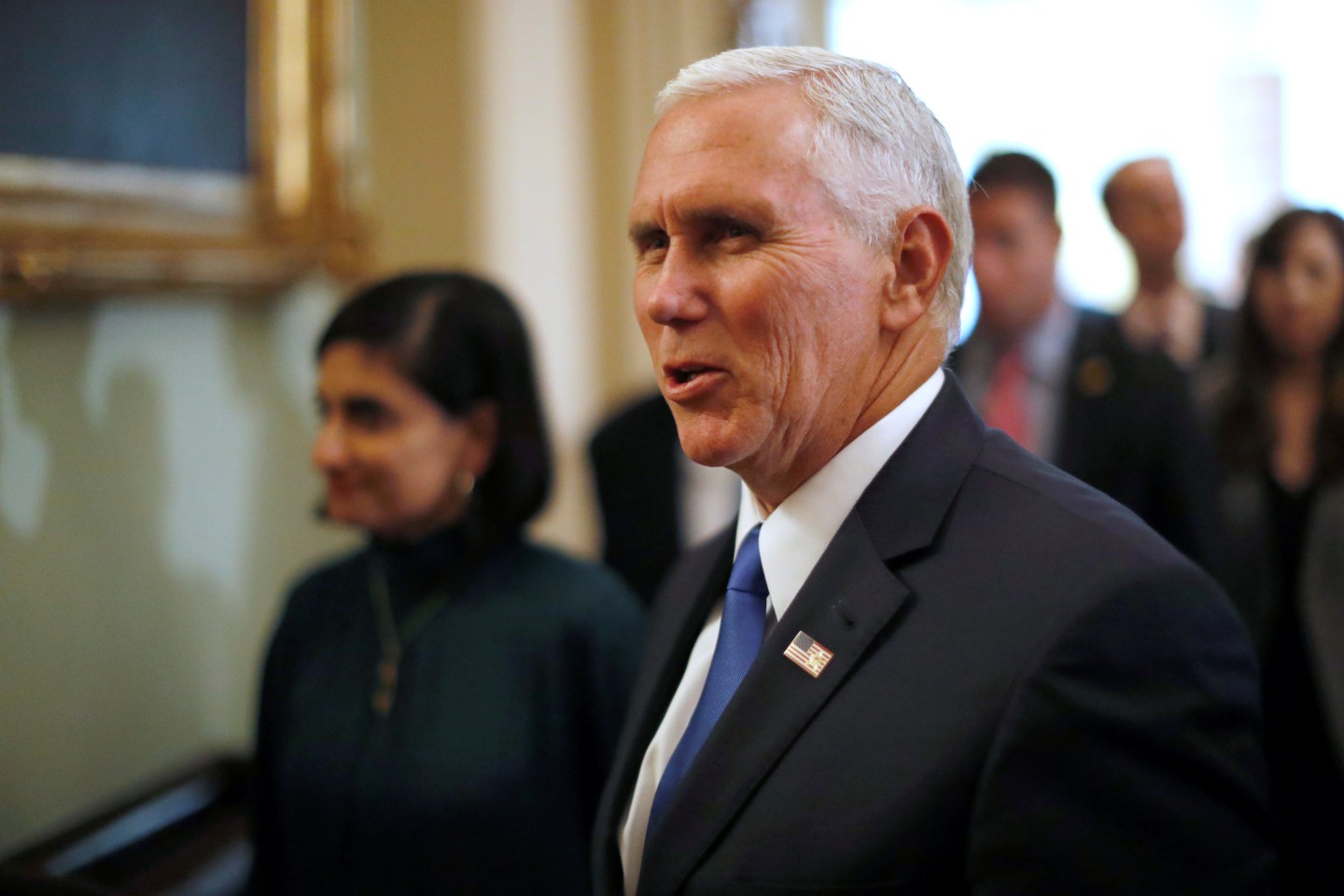 U.S. Vice President Pence departs after meeting with senators during the weekly Republican caucus policy luncheon at the U.S. Capitol in Washington