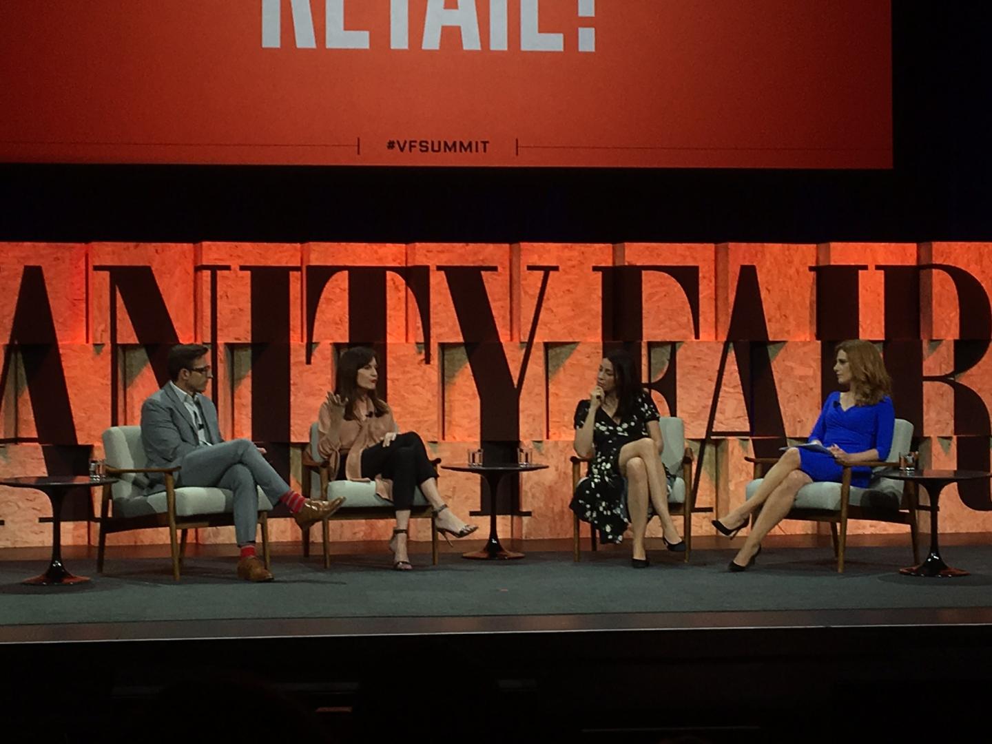 Calvin McDonald of Sephora, Daniella Vitale of Barneys New York, Yael Aflalo of Reformation, and Julia Boorstin of CNBC at the 2017 Vanity Fair New Establishment Summit in Beverly Hills, Calif.