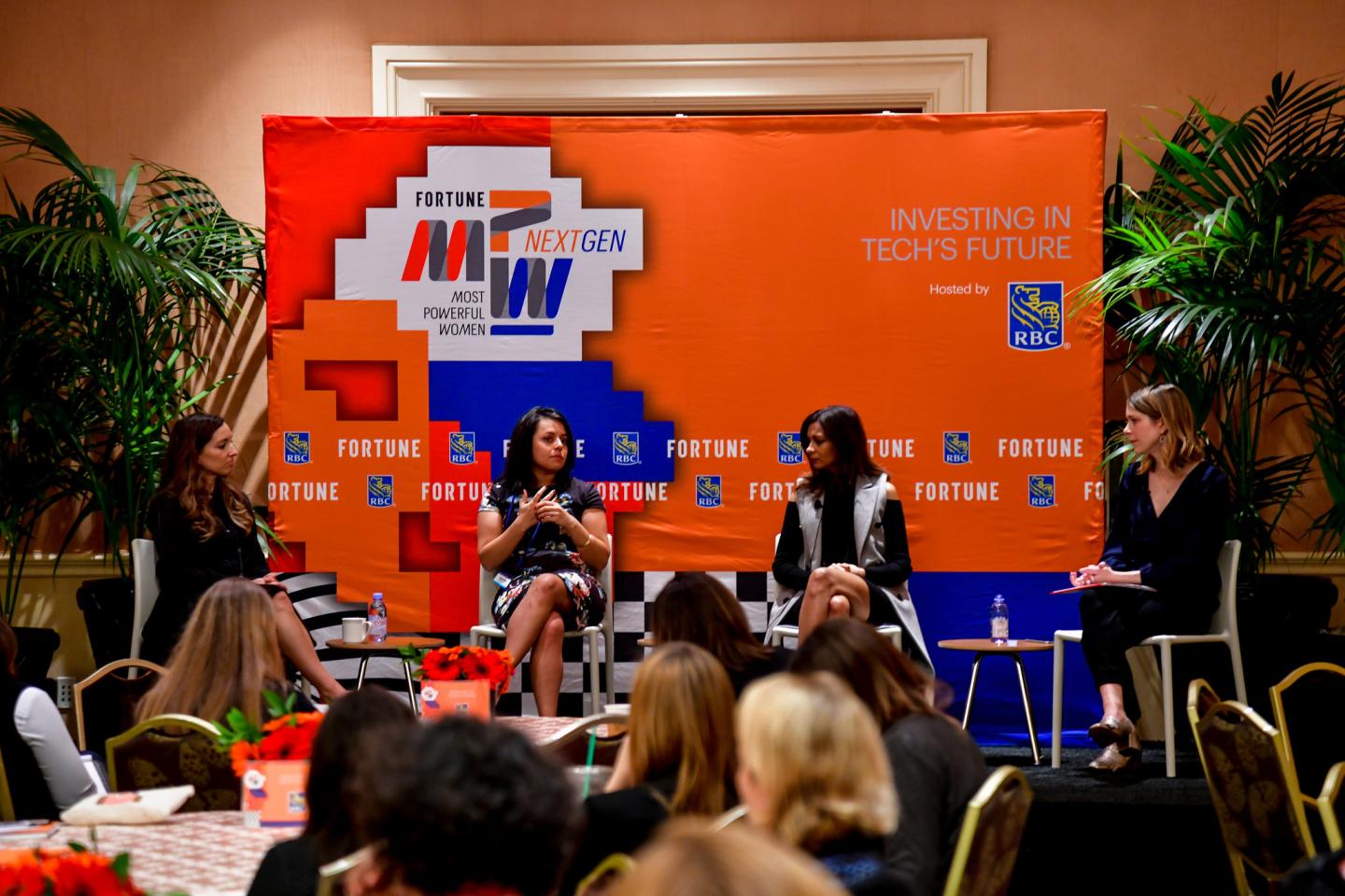 Leah Busque of FUEL Capital, Nisha Dua of BBG Ventures, Anjula Acharia of Trinity Ventures, and Kristen Bellstrom of Fortune at the 2017 Fortune Most Powerful Women Next Gen Summit in Laguna Niguel, Calif.