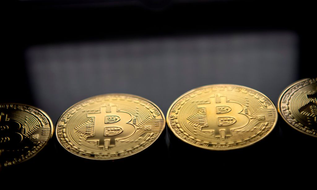 Bitcoins on a black background.