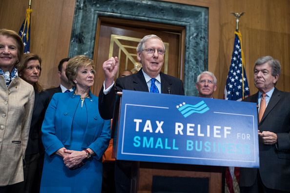UNITED STATES - NOVEMBER 30: Senate Majority Leader Mitch McConnell, R-Ky., speaks during a news conference on on the importance of passing the tax reform bill in Dirksen Building on November 30, 2017. Also appearing in the front row are, from left, Sen. Shelley Moore Capito, R-W.Va., Linda McMahon, administrator of the U.S. Small Business Administration, Sens. Roger Wicker, R-Miss., and Roy Blunt, R-Mo. (Photo By Tom Williams/CQ Roll Call)
