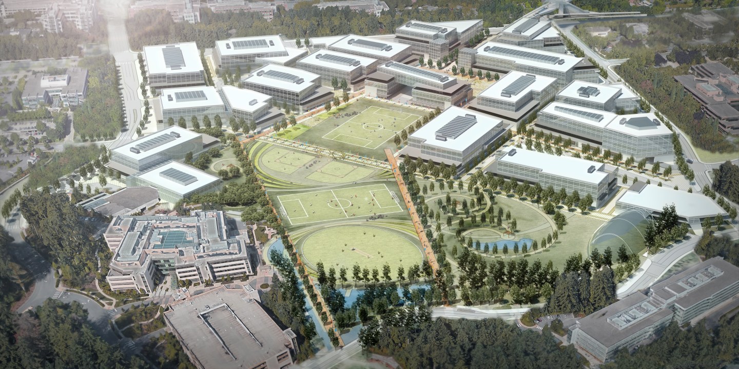 Artist's rendering of revamped Microsoft campus in Redmond, Washington.