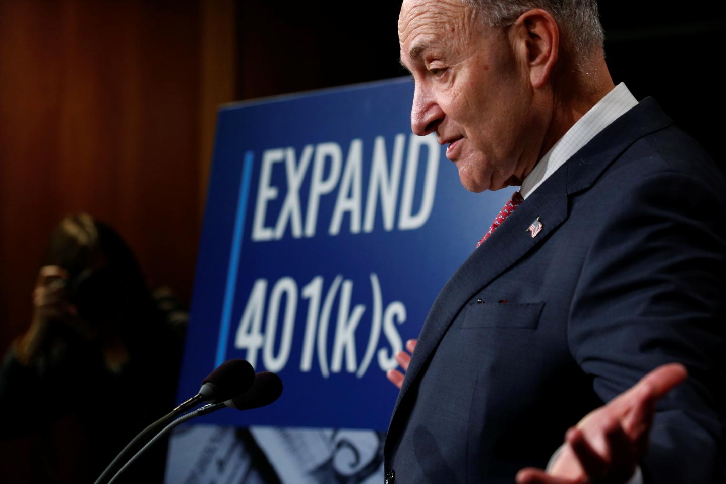 Schumer holds a news conference on a proposal to expand retirement savings at the U.S. Capitol in Washington