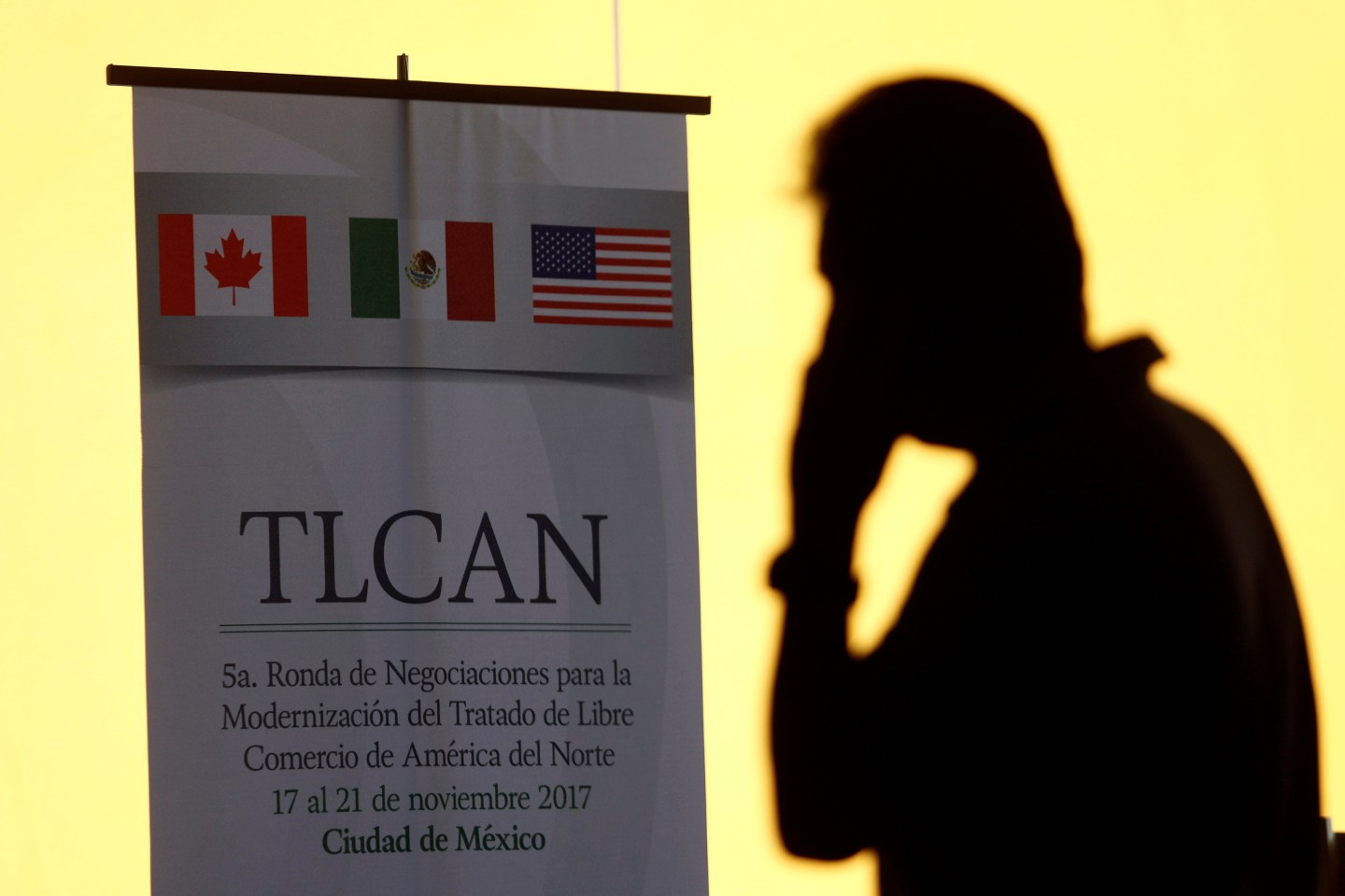 A NAFTA banner is seen during the fifth round of NAFTA talks involving the United States, Mexico and Canada, in Mexico City