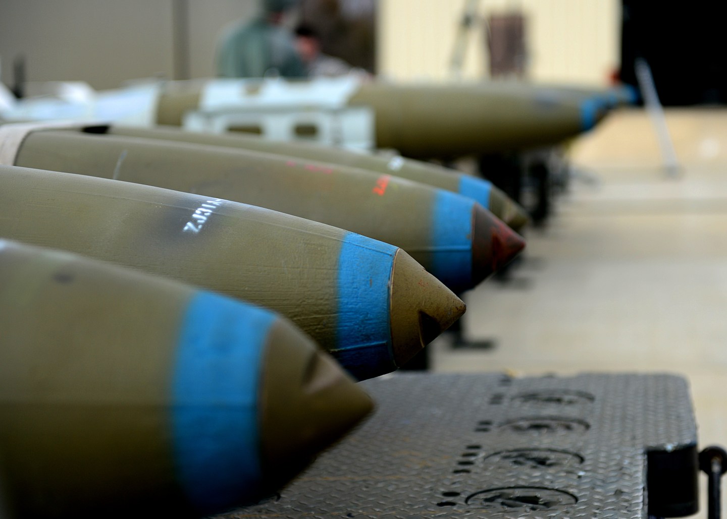 A row of Guided Bomb Unit 32s lie on a munitions assembly conveyer at Langley Air Force Base Virginia
