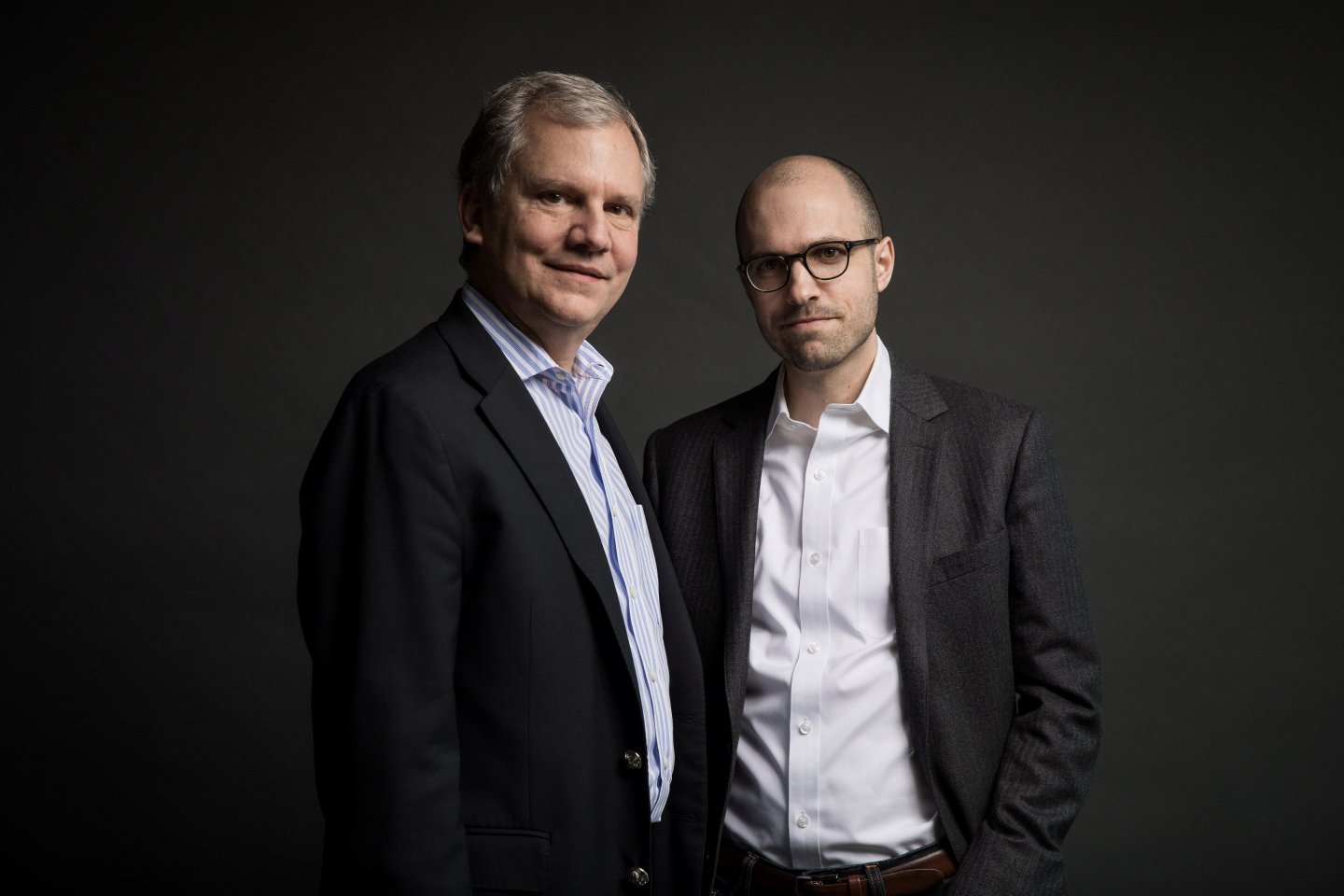 Arthur Gregg (A.G.) Sulzberger and his father Arthur Ochs Sulzberger Jr. on the 16th floor of the New York Times building in New York