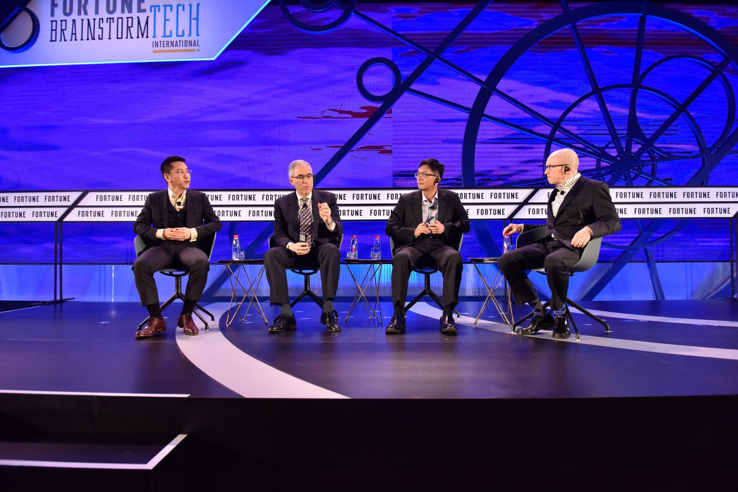 Roger Luo of DJI, Jay Walker of Priceline and Upside, Guangming Zeng of Kuaishou Technology, and Alan Murray of Fortune at Fortune's inaugural Brainstorm Tech International conference in Guangzhou, China.