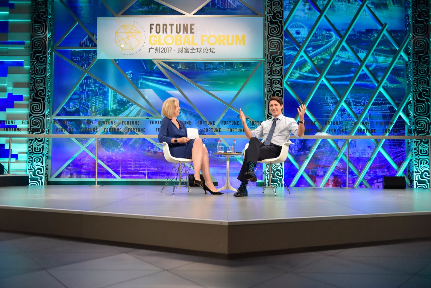 Canada prime minister Justin Trudeau (right) with Time magazine's Nancy Gibbs at the 2017 Fortune Global Forum in Guangzhou, China.