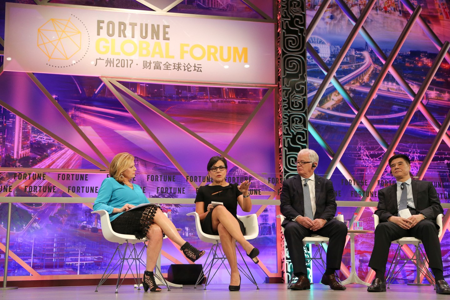 Nina Easton of Fortune, former U.S. Secretary of Commerce Penny Pritzker, former Australian minister for trade and investment Andrew Robb, and China Center for International Economic Exchanges CEO Zhang Xiaoqiang at the 2017 Fortune Global Forum in Guangzhou, China.