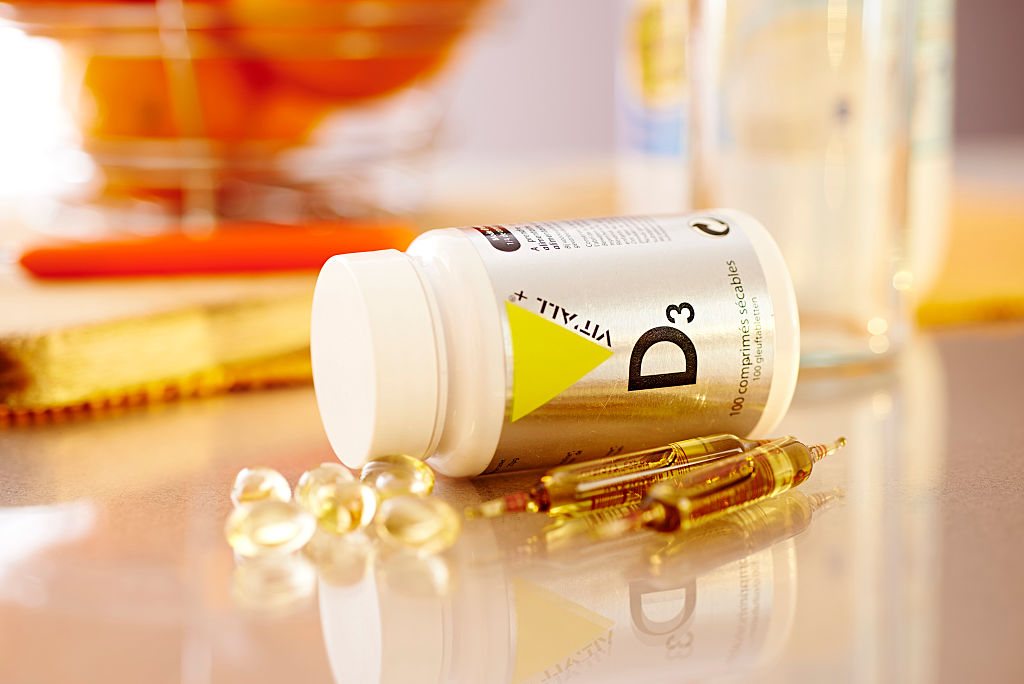 Vitamin D supplements on a table.
