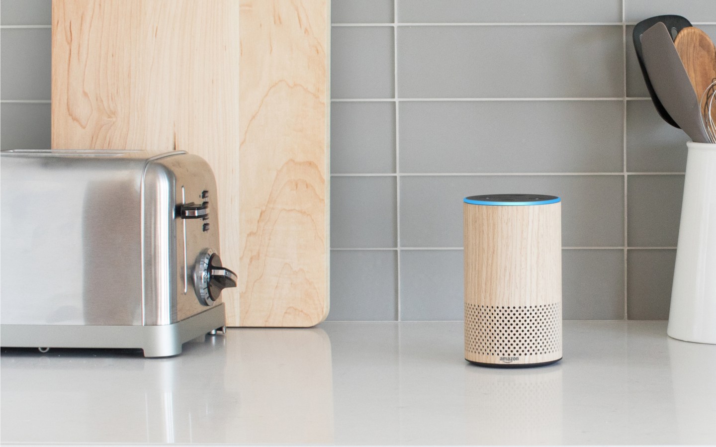 A 2017 Amazon Echo model with an "oak" exterior.